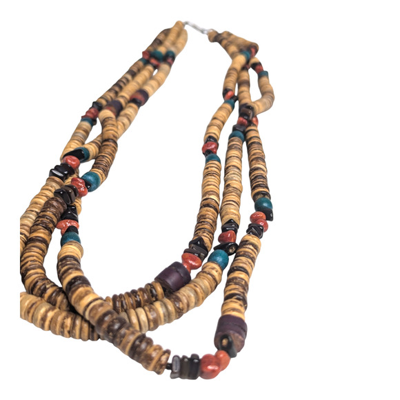 Boho Multi Layered Chunky Multi Colored Wooden Beaded Long Vintage Necklace - Picture 1 of 6